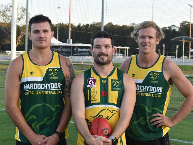 Maroochydore Roos QAFL players Mitch Scholand, Josh Govan and Josh Wagner. Picture: Eddie Franklin.