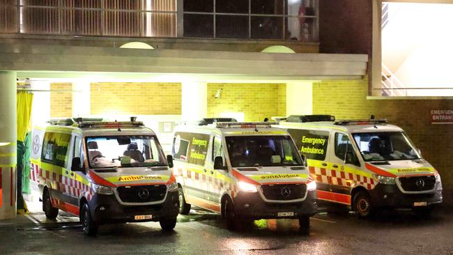 Ambulances outside Concord Hospital’s emergency department on Saturday. Picture: Damian Shaw