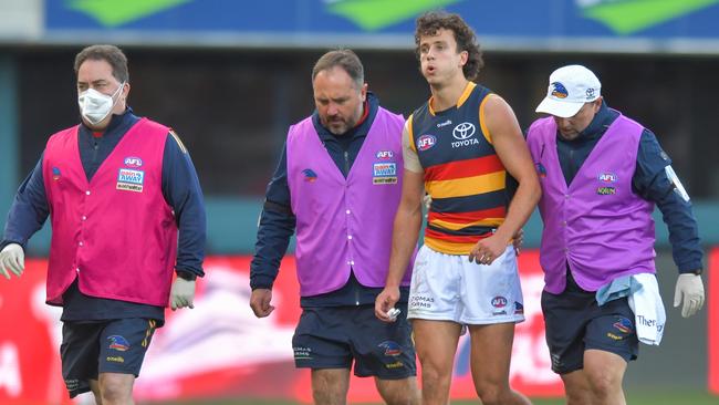 Hamill after suffering a concussion against North Melbourne in 2022. (Photo by Simon Sturzaker/AFL Photos via Getty Images)