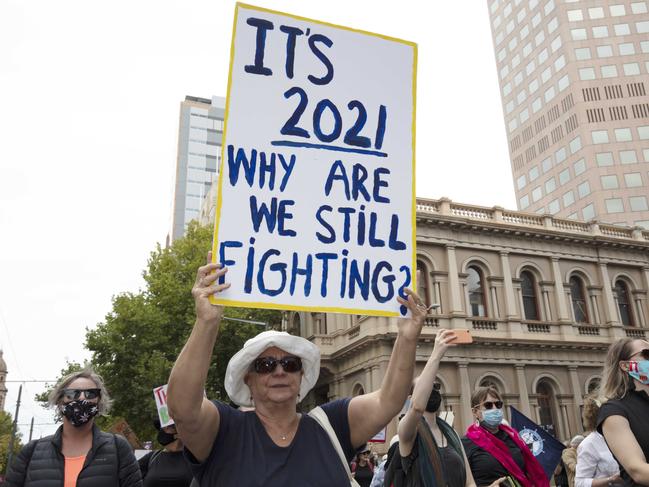 ADELAIDE, AUSTRALIA - NewsWire Photos MARCH 15, 2021: March 4 Justice - the nationwide Australian womenÃs movement - in Tarntanyangga/Victoria Square, Adelaide South Australia. Picture: NCA NewsWire / Emma Brasier