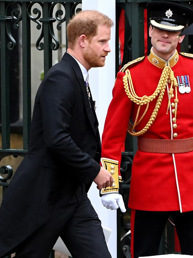 Prince Harry arrives at Wesminster Abbey in London for his father’s coronation on May 6. Picture: Stuart C. Wilson/Getty Images