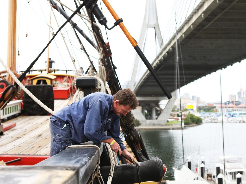 Endeavour dry dock in progress Ð Peter Lightbody, shipkeeper. Endeavour undergoing renovations at the Sydney City Marine dry dock in Rozelle, under the ANZAC bridge.