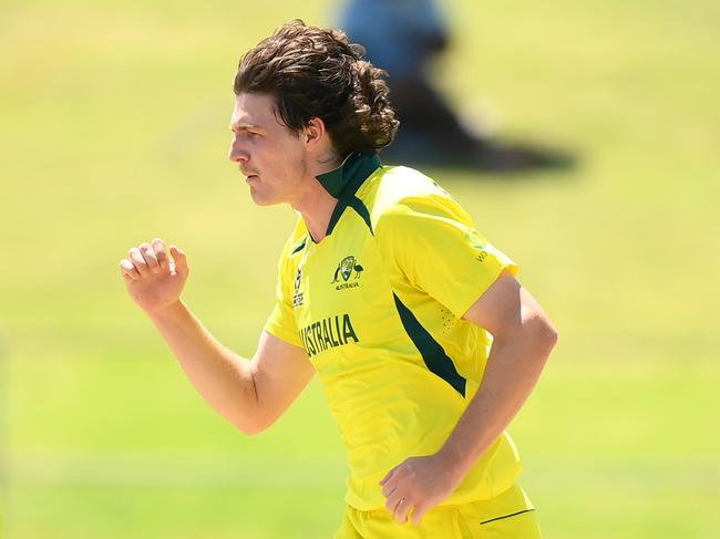 BENONI, SOUTH AFRICA - FEBRUARY 08: Tom Straker of Australia celebrates the wicket of Saad Baig of Pakistan during the ICC U19 Men's Cricket World Cup South Africa 2024 Semi-Final match between Australia and Pakistan at Willowmoore Park on February 08, 2024 in Benoni, South Africa. (Photo by Alex Davidson-ICC/ICC via Getty Images)