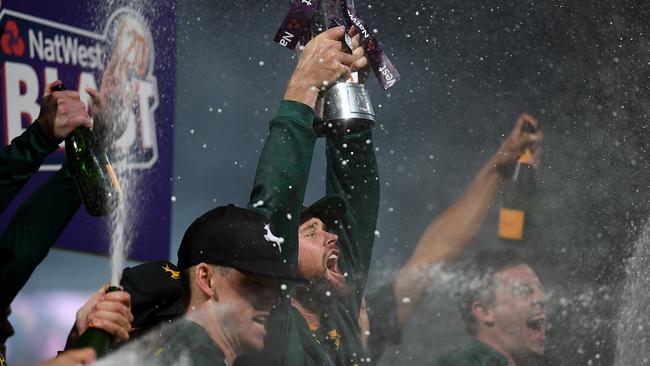 Dan Christian lifts the trophy after winning the T20 Blast Final with Nottinghamshire.