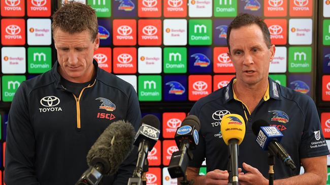 Adelaide Crows football manager Brett Burton and coach Don Pyke.