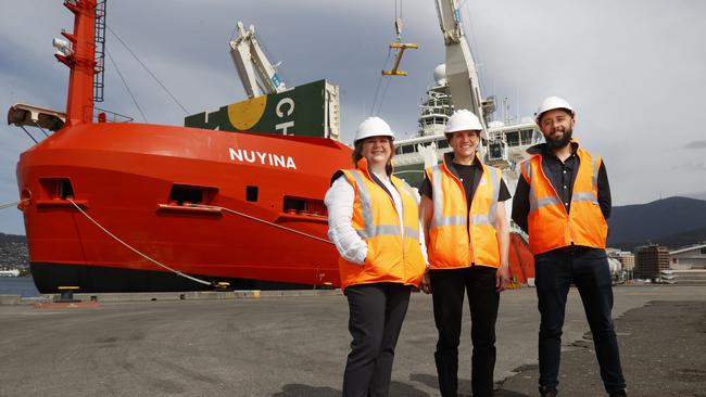 Rhonda Bartley, acting head of the AAD's science branch, Anthea Fisher, voyage leader, Tom De Leon, engineering services supervisor Davis station for summer. Start of the Antarctic season with the RSV Nuyina to depart on a resupply voyage to Davis research station. Picture: Nikki Davis-Jones