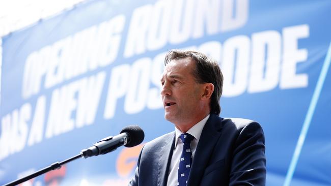 SYDNEY, AUSTRALIA – MARCH 06: Andrew Dillon, Chief Executive Officer of the AFL speaks with media during the Sydney Opening Round Media Opportunity at Circular Quay on March 06, 2024 in Sydney, Australia. (Photo by Michael Willson/AFL Photos via Getty Images)