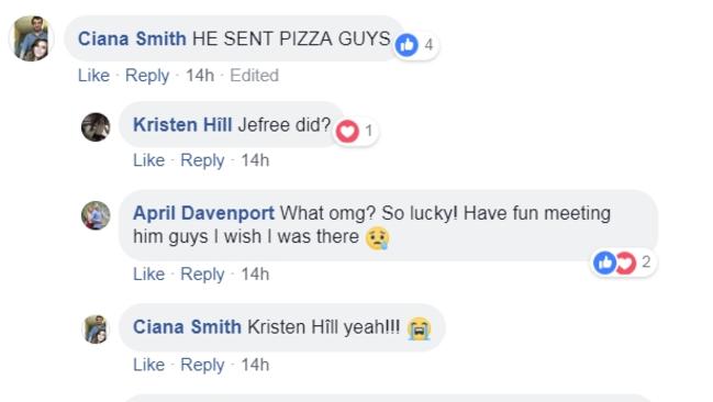 A screen shot from social media claiming Jeffree Star sent the waiting crowd pizza.