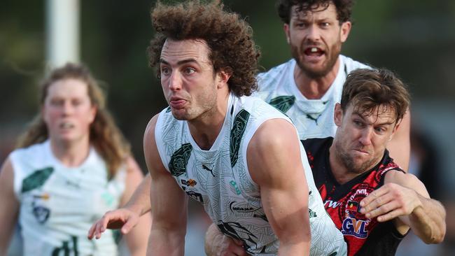Goulburn Valley FL, Round 13, Echuca V Kyabram, at Echuca, Liam Tenace, 30,  Echuca  &  Rhys Clark, 6, Kyabram,   Picture Yuri Kouzmin