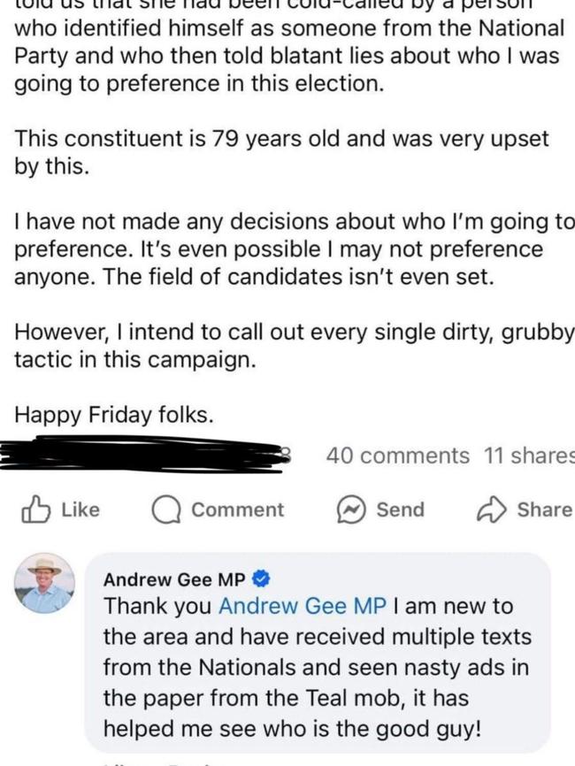 Independent Andrew Gee’s Facebook account was caught responding to its own post as though it was an account belonging to a voter.