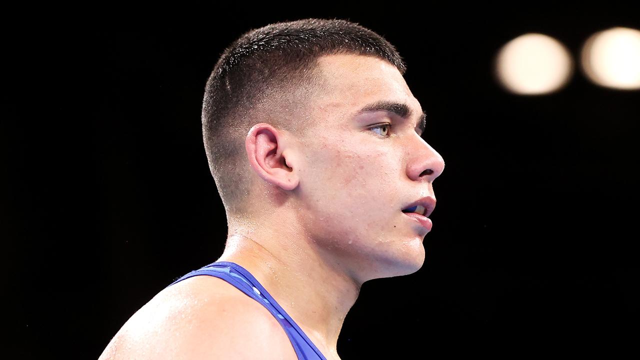 BIRMINGHAM, ENGLAND - JULY 31: Callum Peters of Team Australia looks across the ring at Sumit of Team India in the menâ&#128;&#153;s Over 71kg-75kg (Middleweight) round 16 bout of the boxing on day three of the Birmingham 2022 Commonwealth Games at NEC Arena on July 31, 2022 on the Birmingham, England. (Photo by Mark Kolbe/Getty Images)