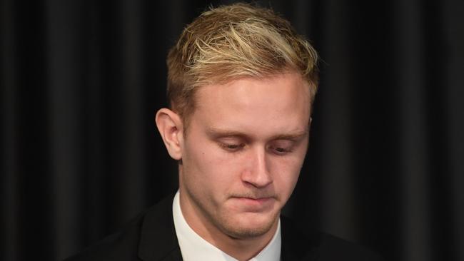 Jaidyn Stephenson of the Magpies during a media conference at the Holden Centre in Melbourne, Wednesday, June 19, 2019. Stephenson has been banned for 10 matches for breaking an AFL betting ban. (AAP Image/Julian Smith) NO ARCHIVING