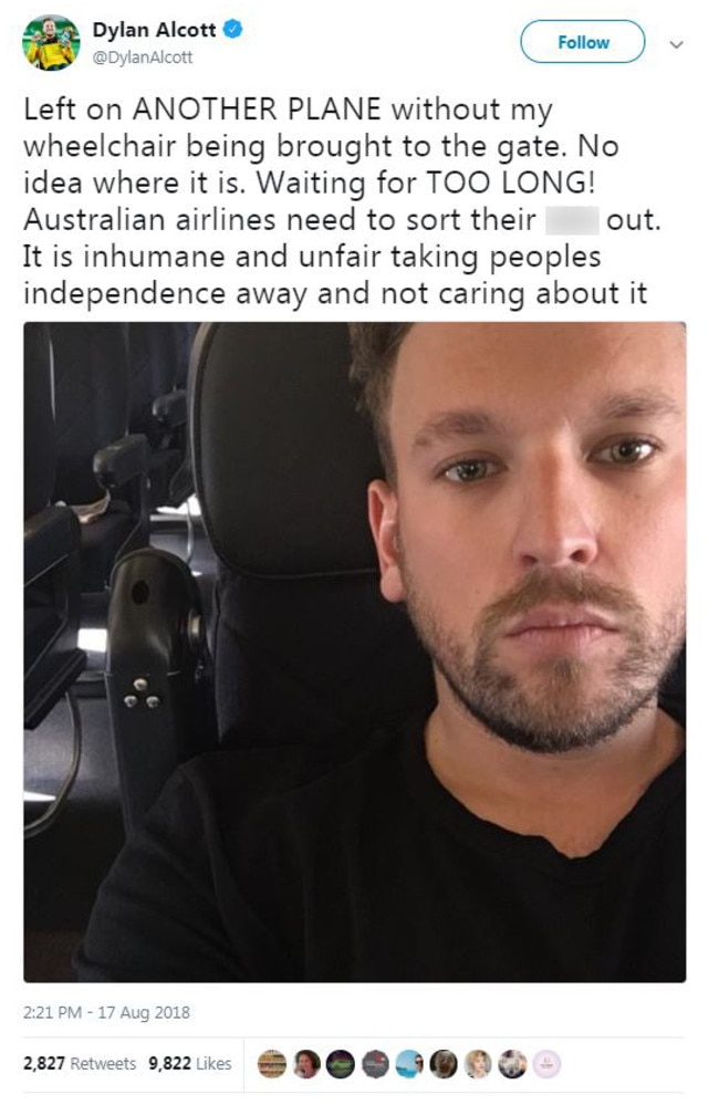 Dylan Alcott said he was left behind on a plane in August.