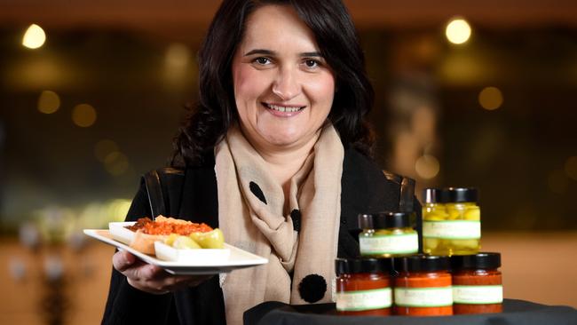 Plough to Plate Fine Foods won gold for their Chilli Jelly, Garlic and Parsley pickled chillies, Ajvar and Gold Tomato and Chilli Dip. Natasha Petrovska with products. Picture: Kylie Else