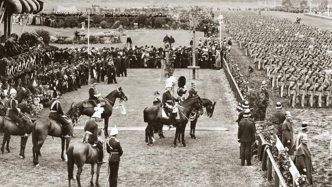 A military parade at Flemington Racecourse on Federation Day, 1901.