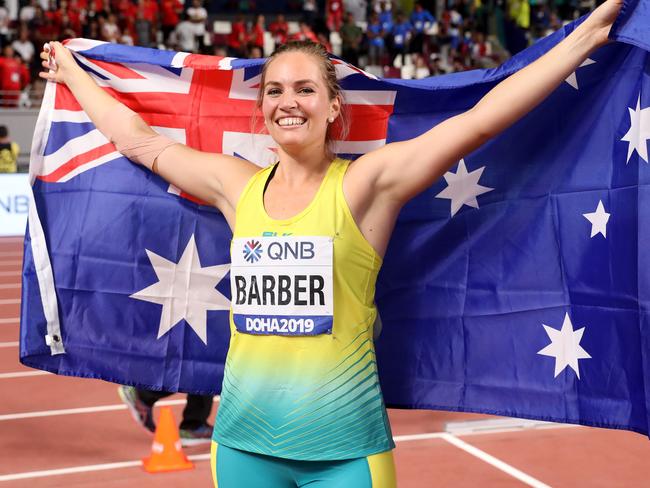 DOHA, QATAR - OCTOBER 01: Kelsey-Lee Barber of Australia celebrates winning the Women's Javelin Throw final during day five of 17th IAAF World Athletics Championships Doha 2019 at Khalifa International Stadium on October 01, 2019 in Doha, Qatar. (Photo by Christian Petersen/Getty Images)