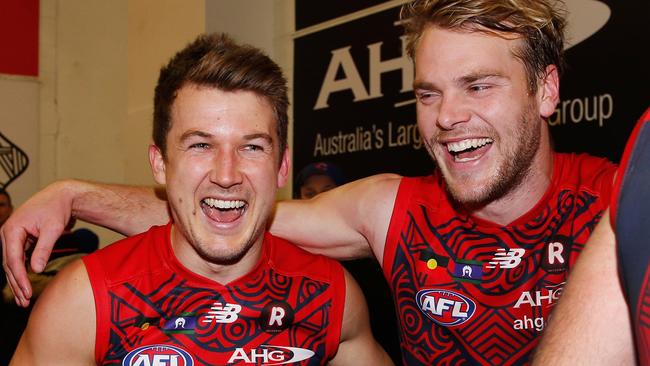 Mates Jack Trengove and Jack Watts enjoy the Demons’ win.