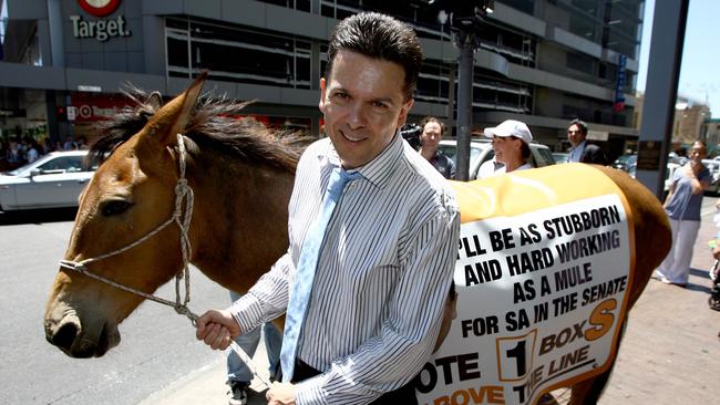 Nick Xenophon walks down Rundle Mall in Adelaide, South Australia, with Katie the mule during the 2007 federal election campaign, after leaving state parliament, where he had served for 10 years.