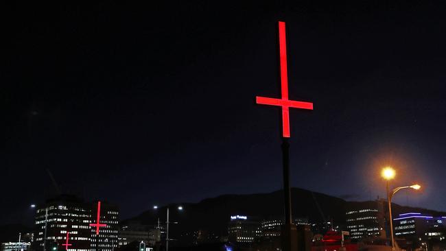 One of the Dark Mofo crosses on the Hobart waterfront. Picture: SAM ROSEWARNE