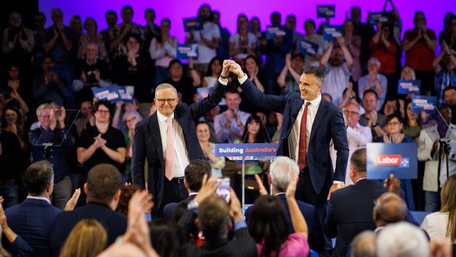 Anthony Albanese at a campaign rally with South Australian Premier Peter Malinauskas in Adelaide. Picture Matt Turner.
