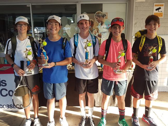 Gold Coast tennis finals. S7 - Charlie Gerrard, Yuma Adachi, Jed Crawshaw (Burleigh Terminators) & Max Hooker, Jack Hooker (Tennis Plus Double Trouble)