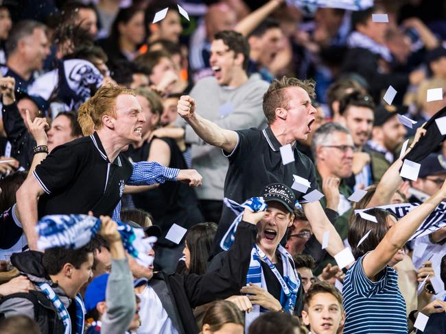 A League derby between Melbourne Victory v Melbourne City at Etihad Stadium. Victory fans celebrate Marco Rojas' goal. Melbourne. Picture Stuart Walmsley