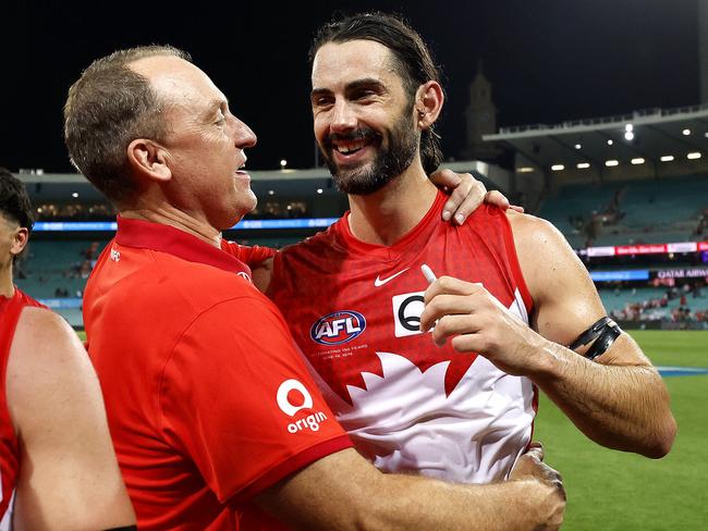 Sydney Swans coach John Longmire with Brodie Grundy during the AFL Opening Round match between the Sydney Swans and Melbourne Demons at the SCG on March 7, 2024. Photo by Phil Hillyard(Image Supplied for Editorial Use only - Phil Hillyard  **NO ON SALES** - Â©Phil Hillyard )