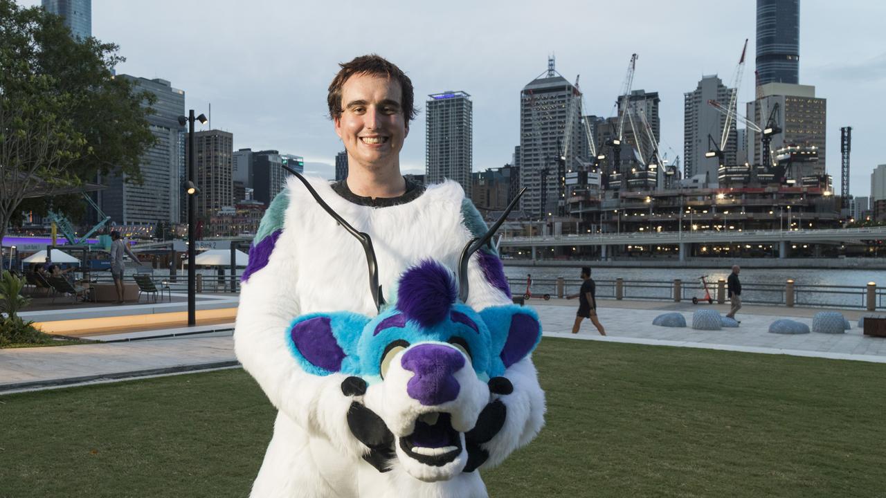 Griffin Watson, aka Salva, based the colour scheme of his fursuit on the Jazz cup of the 1990s. Picture: Mark Cranitch