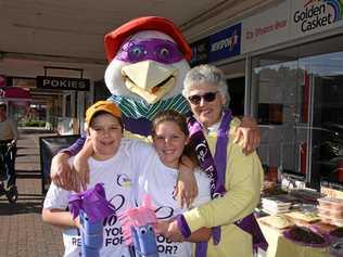 NEW FACE: Rosie Carlaw (right) with her grandchildren Jesse, Sarah and Brandon Swan, who was dressed as Sid the Seagull, during the weekend bake-sale. Picture: Alexia Austin