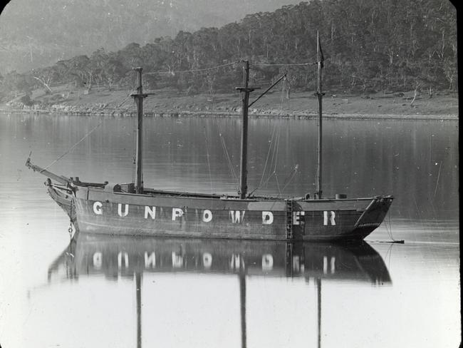 Aladdin a gunpowder store ship anchored in the Derwent in Tasmania circa 1900. It was formerly La Mutine, a captured French ship that was used by Horatio Nelson during the 1798 Battle of the Nile. MUST CREDIT State Library of Victoria