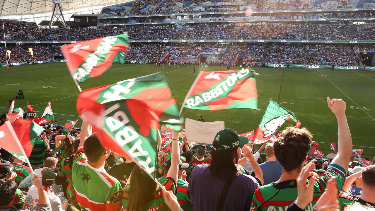 Souths fans cheer on their team at Allianz Stadium. Picture: NRL Imagery