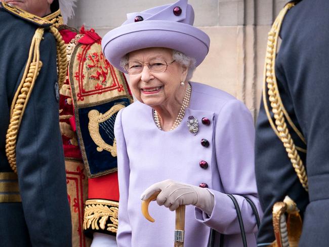 A violet outfit during the Armed Forces Act of Loyalty Parade at the Palace of Holyroodhouse in Edinburgh, Scotland. Picture: AFP