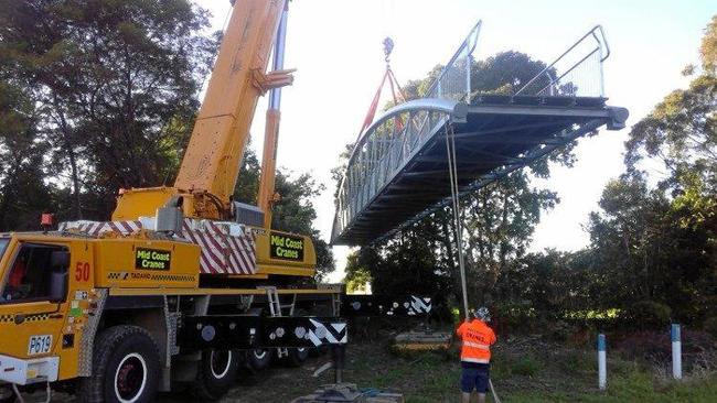 The new West Coffs pedestrian bridge has been swing into position. Picture: Coffs Harbour City Council