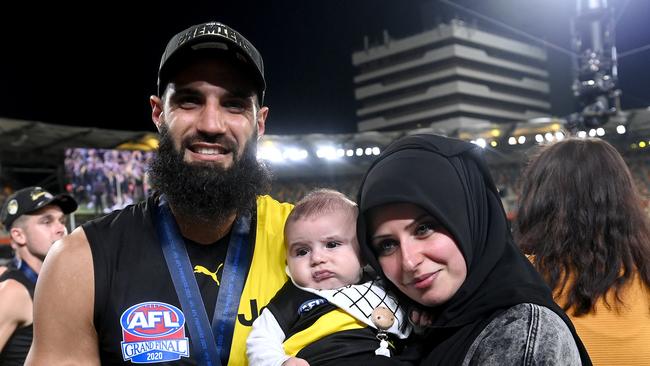 Bachar Houli celebrates with his family after the 2020 AFL Grand Final.