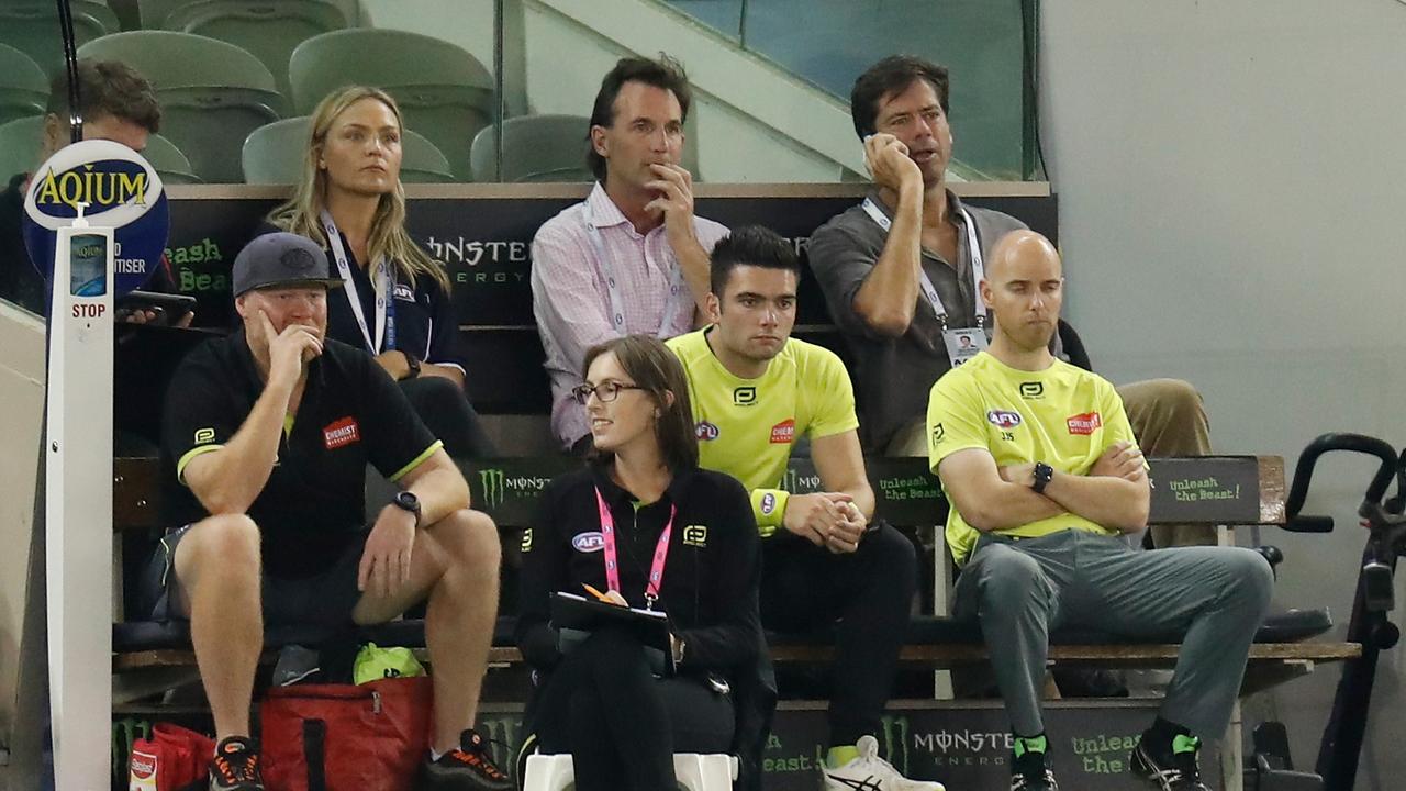 AFL General Manager Andrew Dillon and CEO Gillon McLachlan at Round 3 Thursday night clash between Collingwood and Brisbane. Picture: Michael Willson/AFL Photos