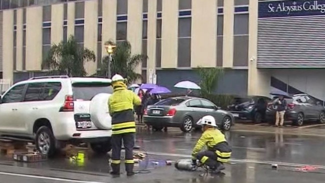 A young girl and woman have been rushed to hospital after being hit by a car during peak hour on Angas Street. Major Crash officers are investigating. Picture: 7NEWS