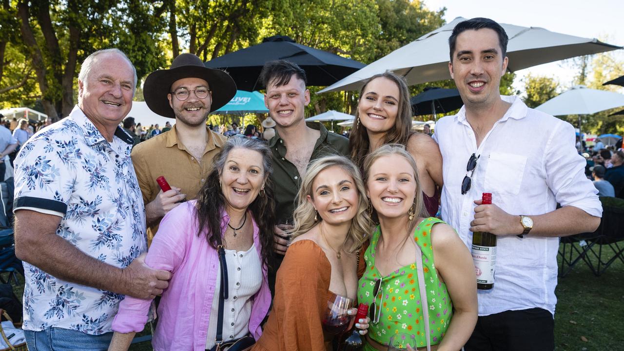 At the Festival of Food and Wine are (from left) Jeff Jones, Darren Auchter, Katrina Hennessy, Steven Bruggemann, Sheree Gillies, Sophie Murphy, Rachael Hennessy and Adrian McDonnell, Carnival of Flowers 2022, Saturday, September 10, 2022. Picture: Kevin Farmer
