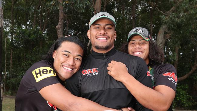 Brian To’o and Jarome Luai hug Stephen Crichton ahead of the NRL grand final. Picture: Annette Dew