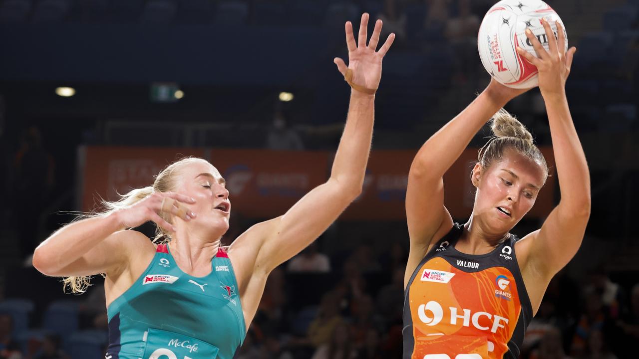 Matisse Letherbarrow reaches for the ball defended by Jo Weston of the Vixens. Picture: Getty Images