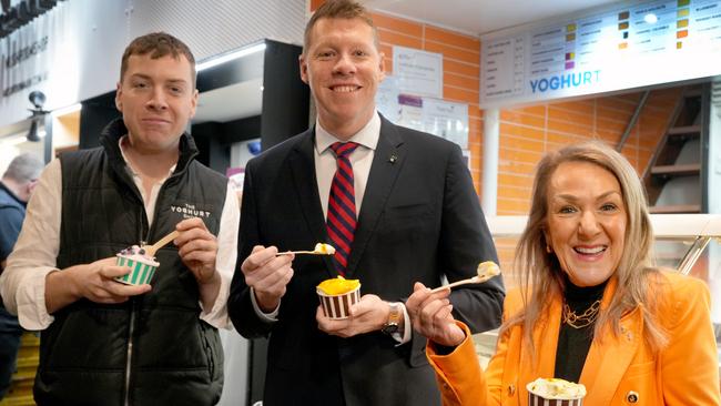 Trade Minister Joe Szakacs, cheese maker and exporter Kris Lloyd AM, and the Yoghurt Shop's Brandon Reynolds at Central Market. A significant increase in South Australia's dairy exports to the world, as a key trade program is extended. Picture Dean Martin