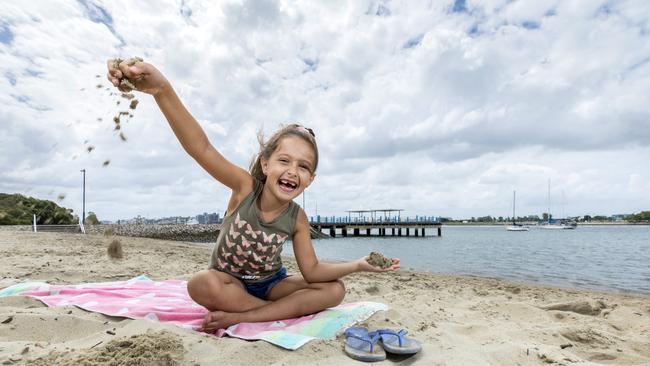 Seven-year-old Renee Manolis from Carindale enjoys school holidays at Colmslie Beach. Picture: AAP/Richard Walker