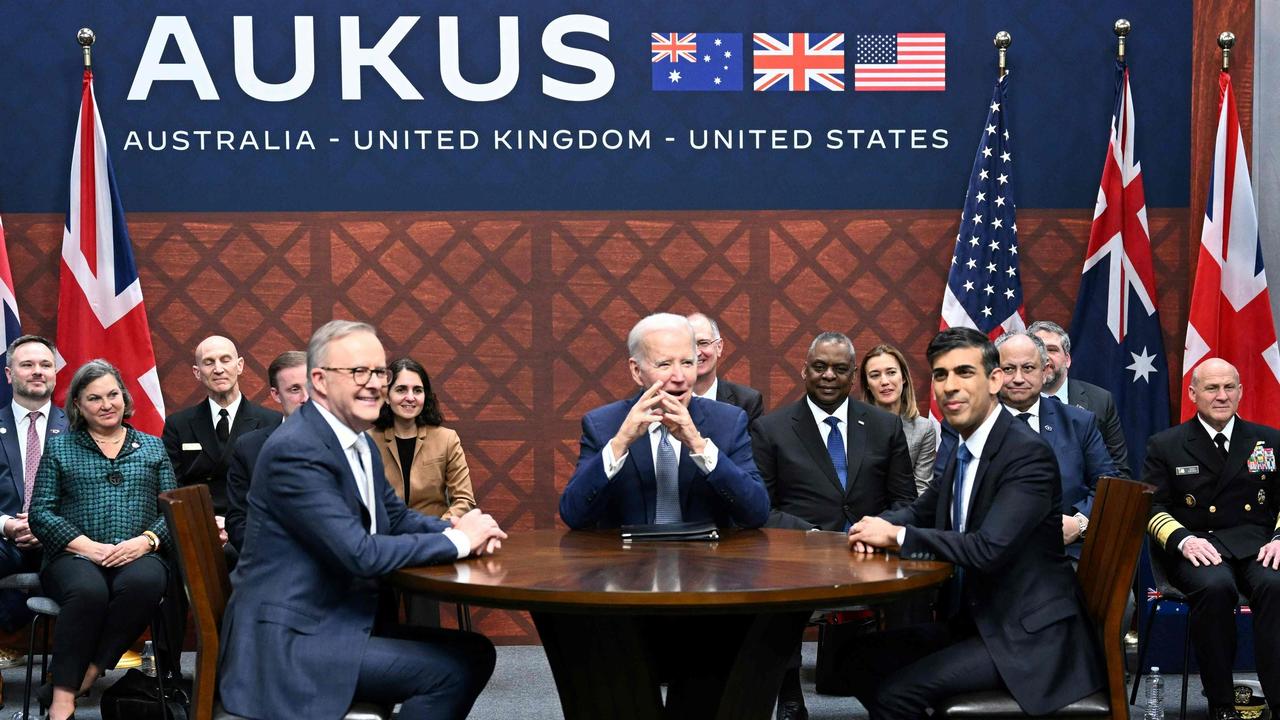 Anthony Albanese, Joe Biden and Rishi Sunak in San Diego in March. Picture: AFP