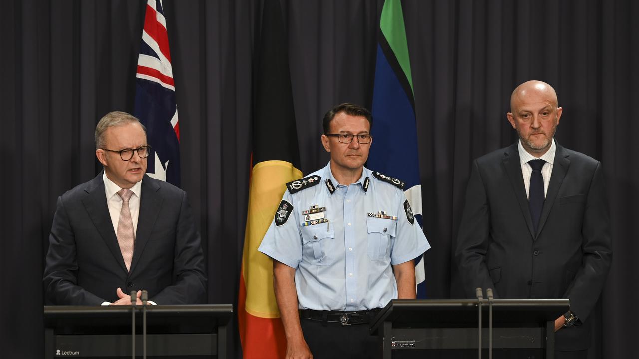 The Prime Minister, Anthony Albanese, Director-General of Security of ASIO, Mike Burgess, and the Commissioner of the Australian Federal Police, Reece Kershaw hold a press conference at Parliament House in Canberra. Picture: Martin Ollman