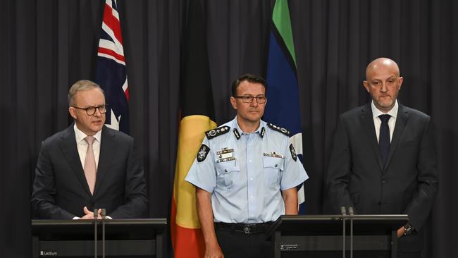 The Prime Minister, Anthony Albanese, Director-General of Security of ASIO, Mike Burgess, and the Commissioner of the Australian Federal Police, Reece Kershaw hold a press conference at Parliament House in Canberra. Picture: Martin Ollman