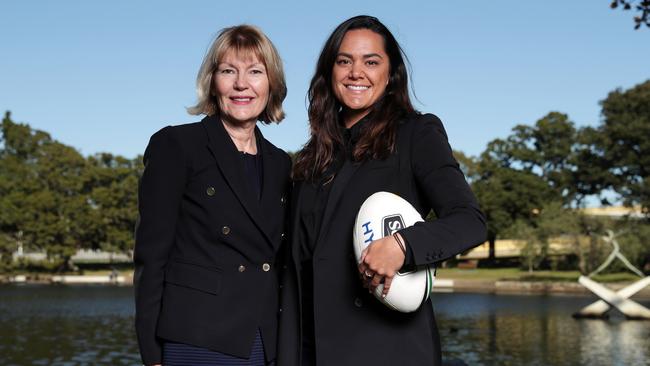 Harvey Norman chief executive Katie Page with Sydney Roosters player Shontelle Stowers. Picture: Gregg Porteous