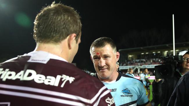 Cronulla's Paul Gallen in his last game with Manly's Jake Trbojevic during the NRL Elimination Final match between the Sea Eagles and the Sharks at Lottoland. Picture. Phil Hillyard