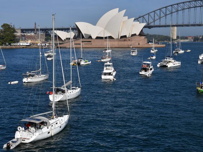 Yachts gather at Farm Cove in preparation for New Years Eve Fireworks in Sydney, Monday, December 31, 2018. Picture: AAP / Brendan Esposito