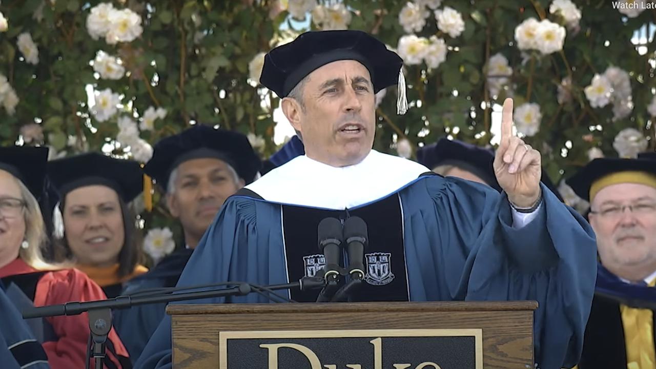 Jerry Seinfeld speaks at the Duke University commencement ceremony in Durham, North Carolina, on May 12 2024. Picture credit: YouTube