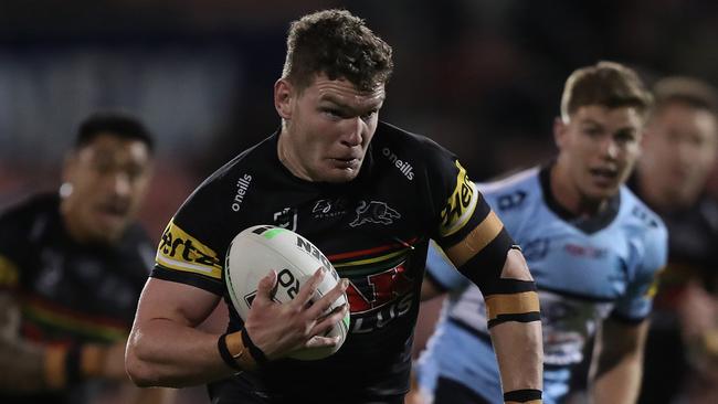 Penrith's Liam Martin scores a try during the Penrith v Cronulla NRL match at Panthers Stadium, Penrith. Picture: Brett Costello