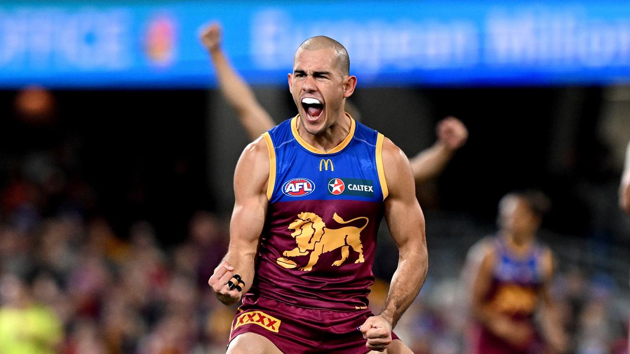 BRISBANE, AUSTRALIA – JUNE 14: Brandon Starcevich of the Lions celebrates kicking a goal during the round 14 AFL match between Brisbane Lions and St Kilda Saints at The Gabba, on June 14, 2024, in Brisbane, Australia. (Photo by Bradley Kanaris/Getty Images)